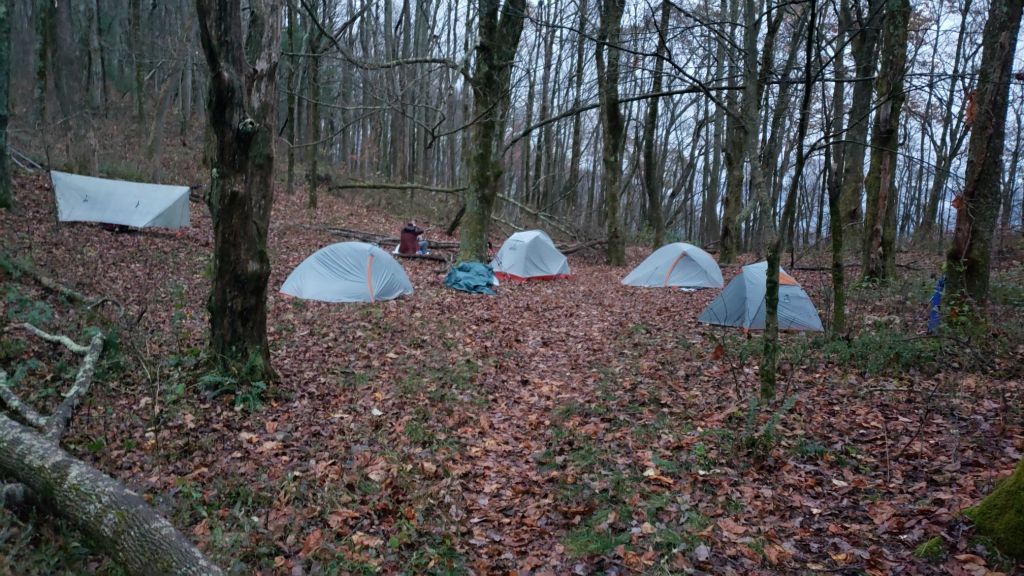 After hiking 8.5 miles, we reached our destination for the night. I’m the hammocker on the left. The others prefer their tents. Photo by “Java”