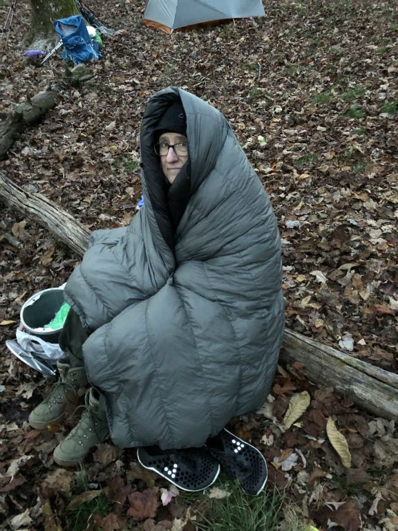 By evening, it got cold. Real cold. Cold enough that, after dinner I wrapped myself in my down quilt, adding to the 3 (thin) layers of wool I already had on, plus my "puffy" down jacket. Overnight, it took quite a while for me to get all the settings on my hammock and tarp right, so I could actually doze some. Also made it, err, interesting to visit the "bathroom" (a nearby tree) in the middle of the night.